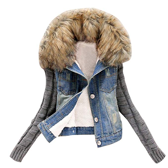 SUKEQ Women Winter Warm Layered Thick Faux Fur lined Hooded Slim Jeans Knit Sleeve Denim Button Down Jacket Coat with Pockets