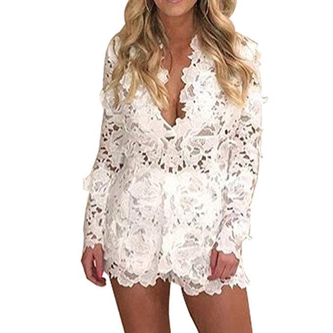 GBSELL Women's Sexy Deep V Lace Romper Jumpsuit Bodysuit Two Piece Sets Party