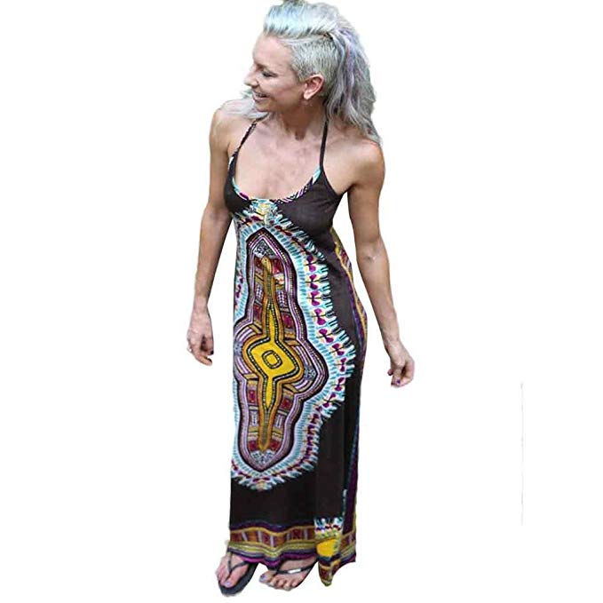 GBSELL Womens Ladies African Printing Sleeveless Long Dress Casual Party