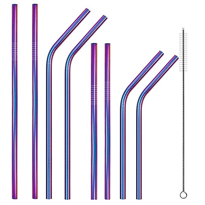 Aigemi Set of 8 Stainless Steel Metal Drinking Straws with Cleaning Brush for 30oz 20oz Tumbler Drinking Cups - Fits All Yeti Ozark Trail SIC & RTIC Tumblers