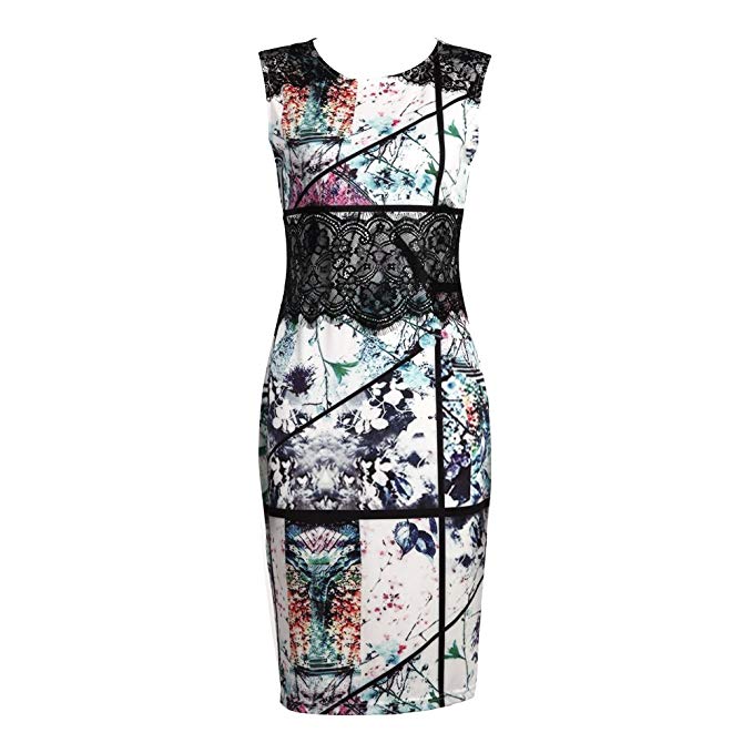 Diamondo Summer Women Elegant Floral Lace Sleeveless Slim Dress Pencil ...